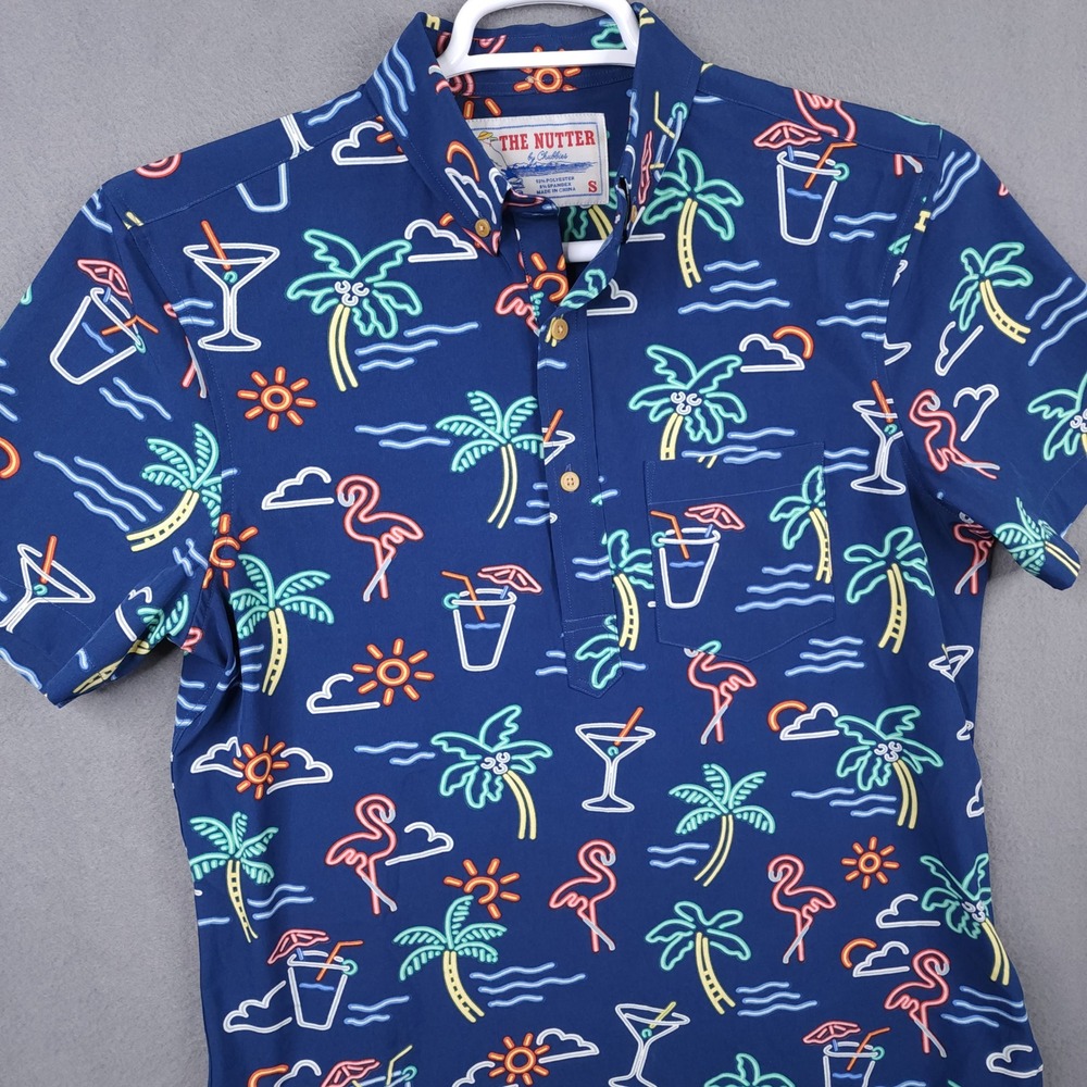 Chubbies The Nutter Mens Small Navy Neon Flamingo Palm Tree Polo Shirt